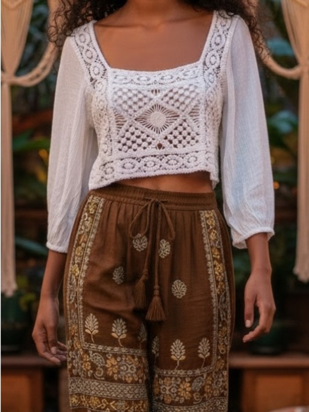 Boho Cottagecore Crochet Square-Neck Crop Top